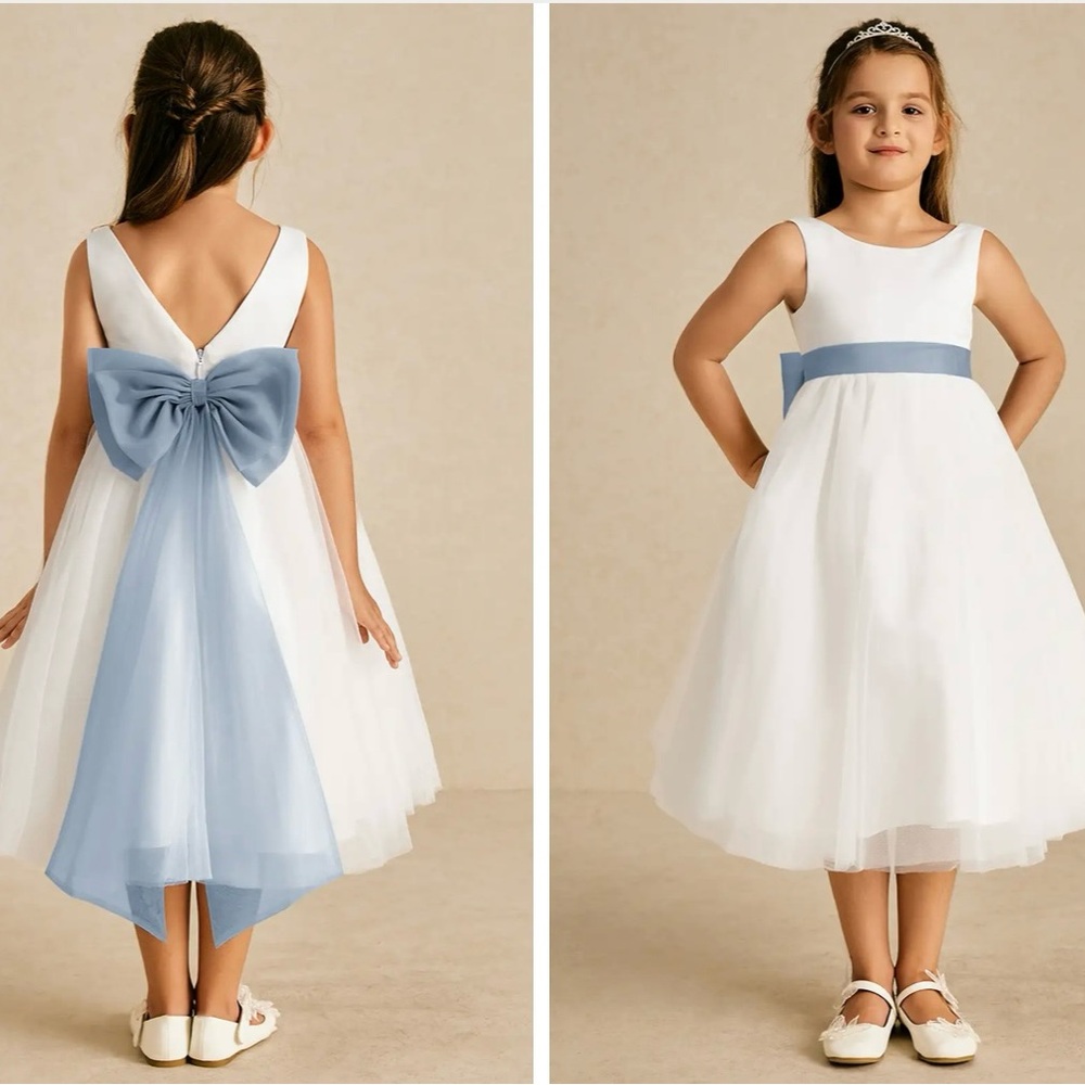 Azazie kavi Ivory Dusty Blue A-Line Bow dress